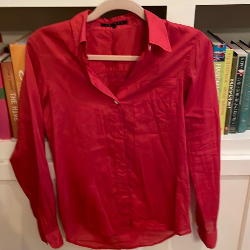 Theory button down red petite. Sheer lightweight cotton